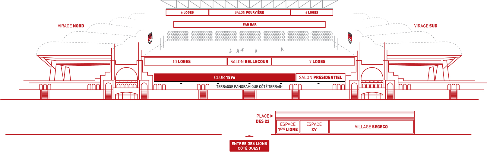 Espace club 1896 Matmut Stadium Lyon Gerland plan schématique 