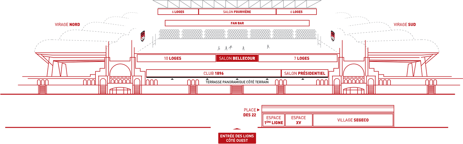 Espace salon Bellcour Matmut Stadium Lyon Gerland plan schématique 